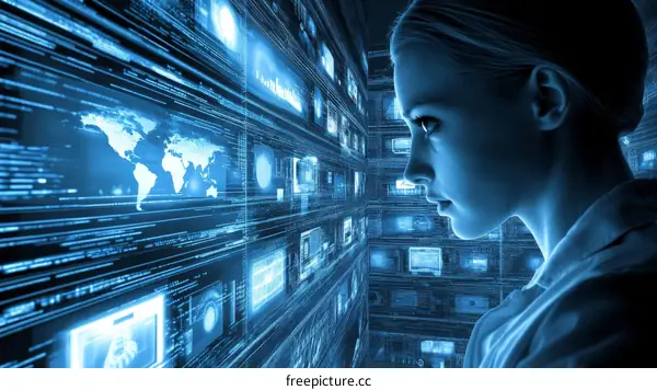 Woman Observing Futuristic Digital Interface