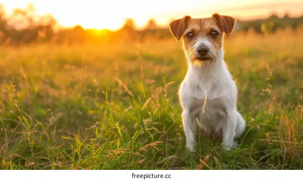 A cute dog is sitting on the grass field with sunset in the background