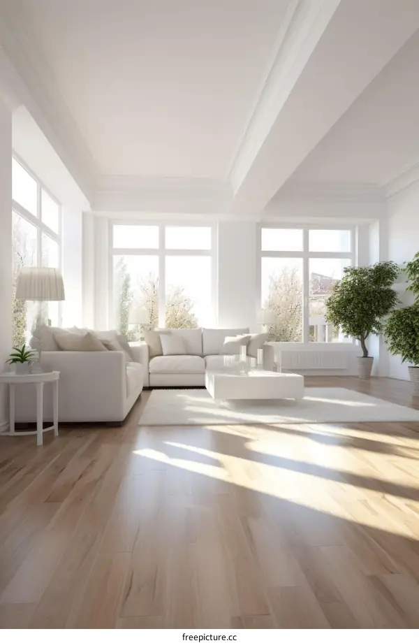 Bright and Airy Living Room with White Walls and Large Windows