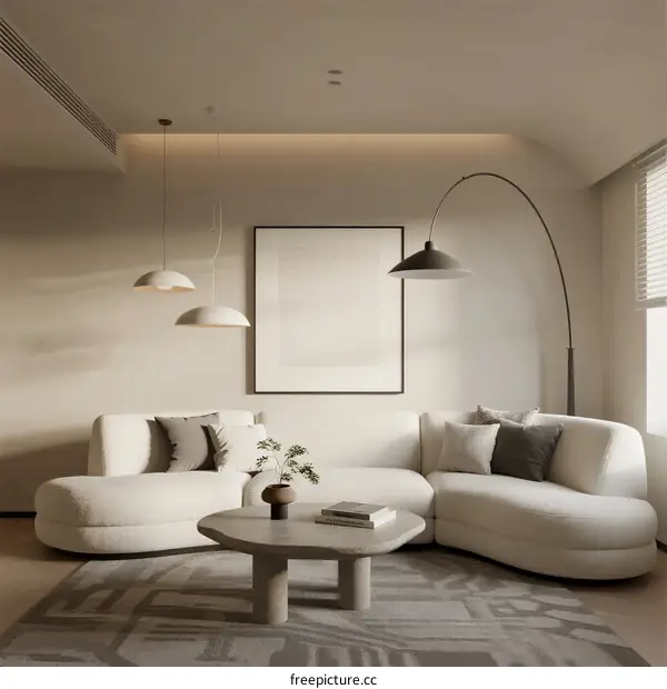 Modern living room with curved sofa and minimalist decor