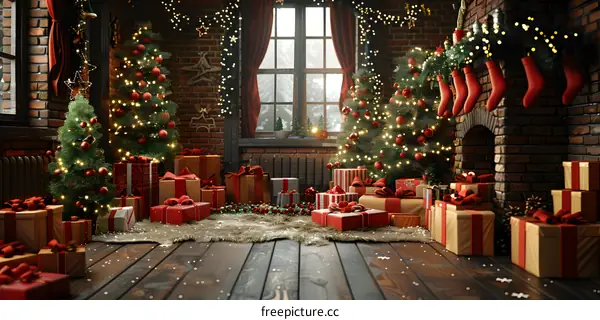 Christmas living room interior with decorated Christmas trees and presents