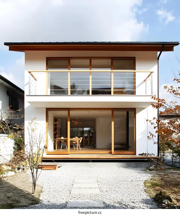 Modern White Two Story House with Wooden Balcony