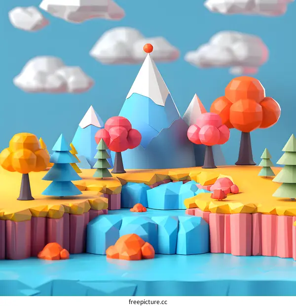 Cartoon style 3D illustration of a mountain landscape with colorful trees and a blue river