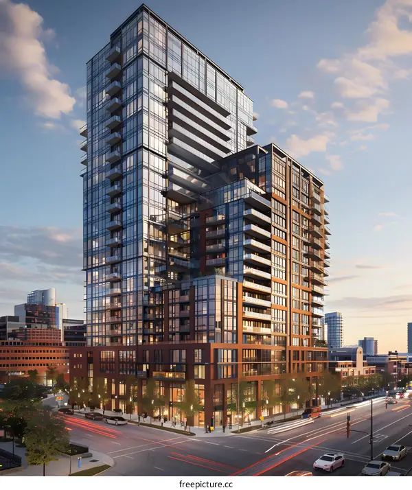 Modern Brick Building with Glass Windows and Balconies