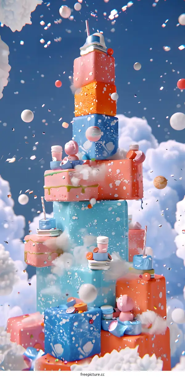 Abstract 3D Illustration of Colorful Cubes and Floating Objects in Sky