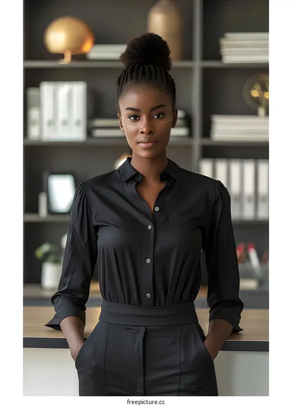 portrait of a young woman in a black suit standing in an office