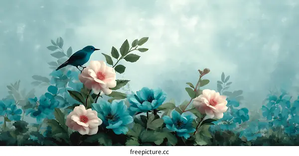 A Misty Garden with Birds and Flowers
