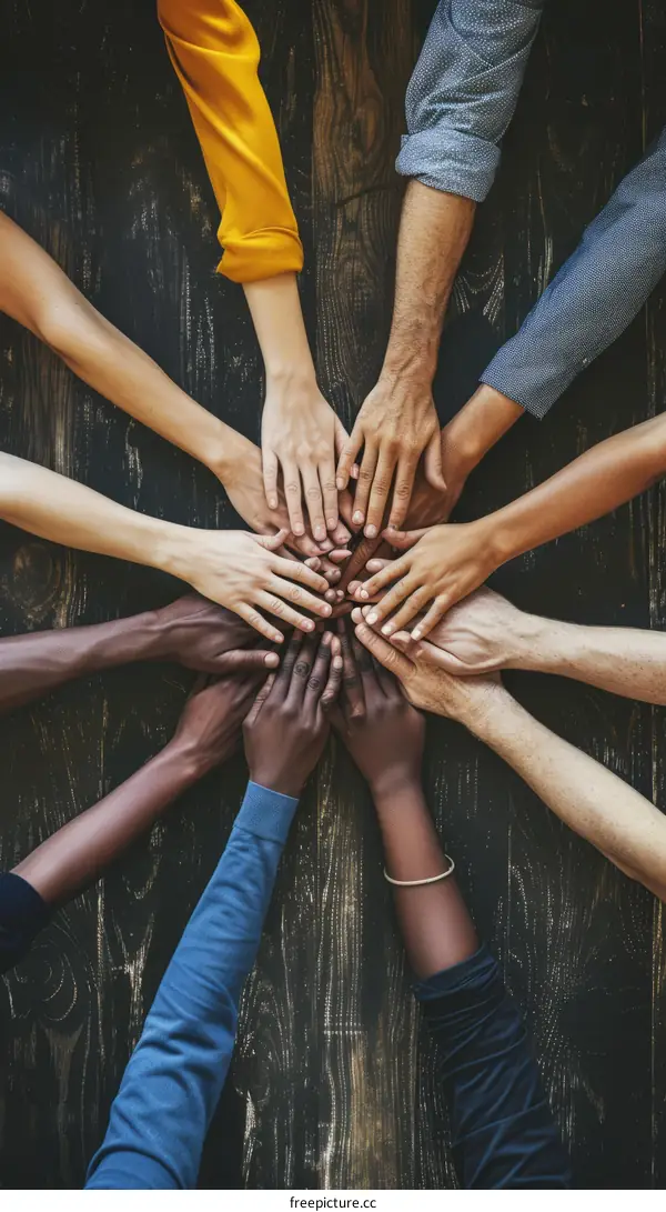 Multiracial group of people joining their hands together over wooden background, top view. Concept of unity and teamwork.