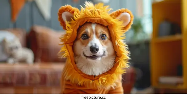 A cute corgi dog wearing a lion costume