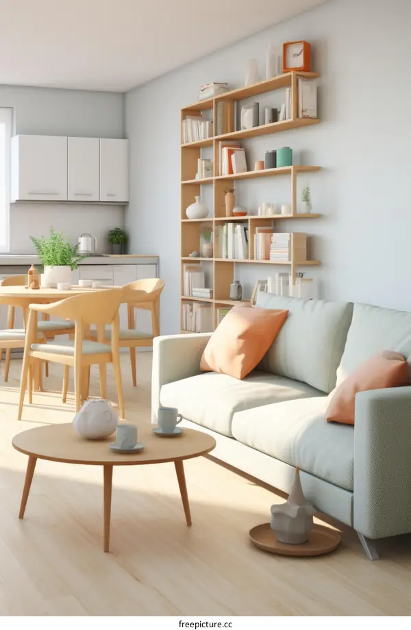 A cozy living room with a sofa, coffee table, bookshelf, and dining table