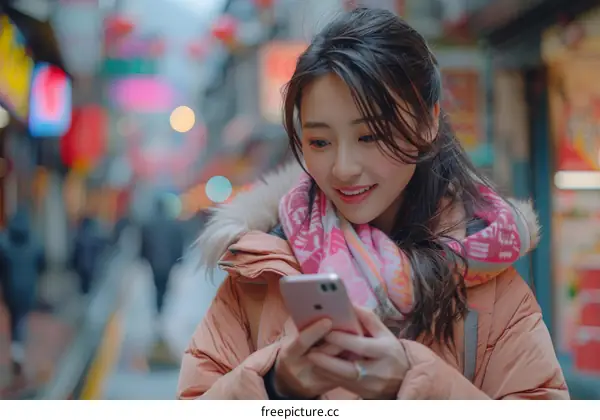 A young woman is using her phone in a busy street.