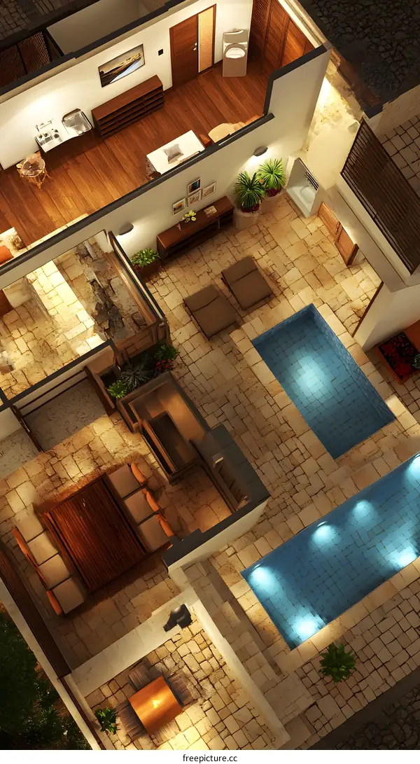 Aerial View of a Modern Home with a Pool and Patio