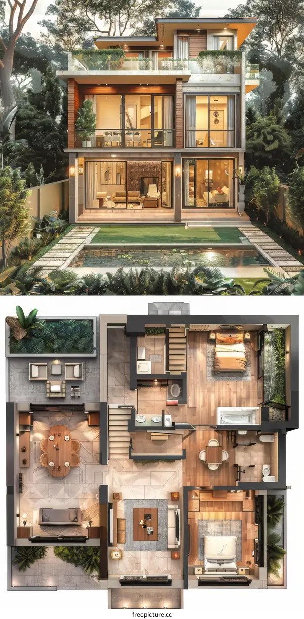 Modern Tropical Villa Floor Plan Illustration