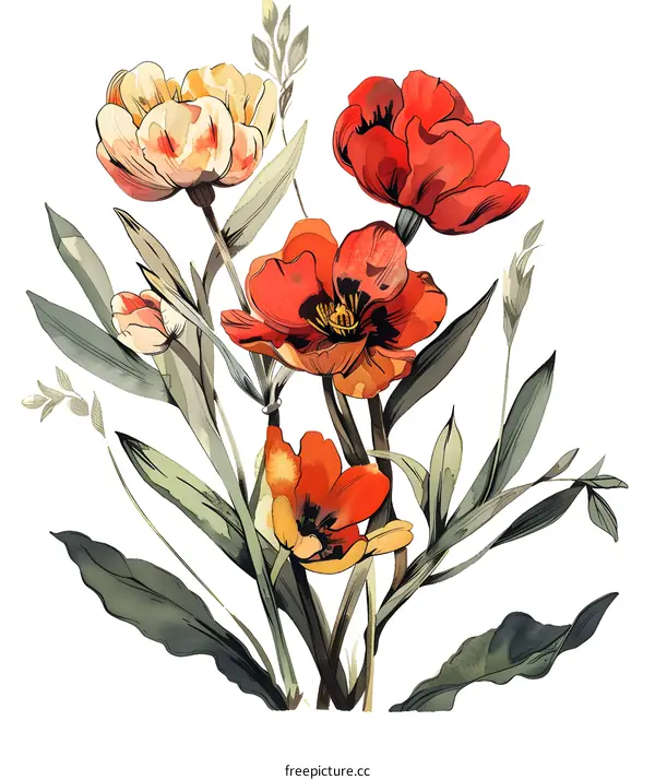 Watercolor Painting of Red and Yellow Tulips
