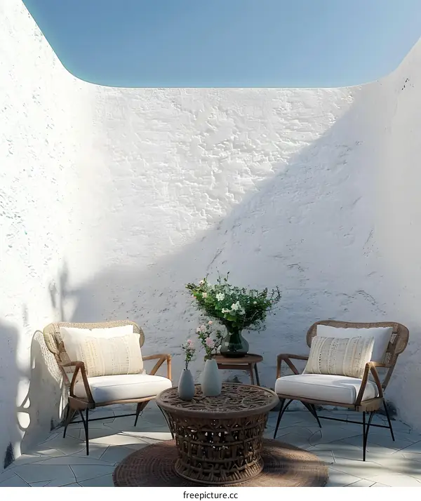 Modern Minimalist Patio Design with White Walls and Woven Furniture