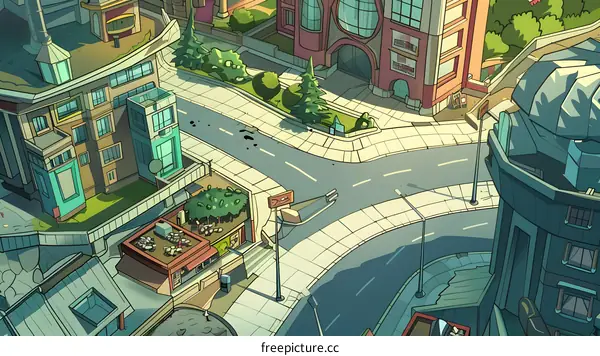 Cartoon Illustration of a Cityscape with Buildings and a Street
