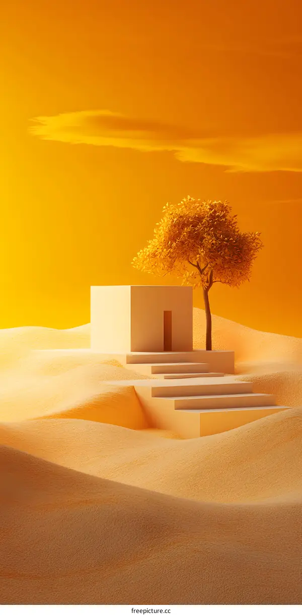 Minimalist 3D Illustration of a Yellow House on a Desert