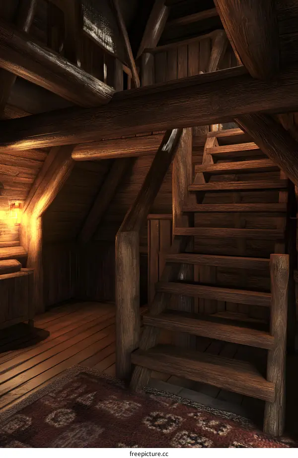 Wooden Staircase in a Rustic Attic Interior