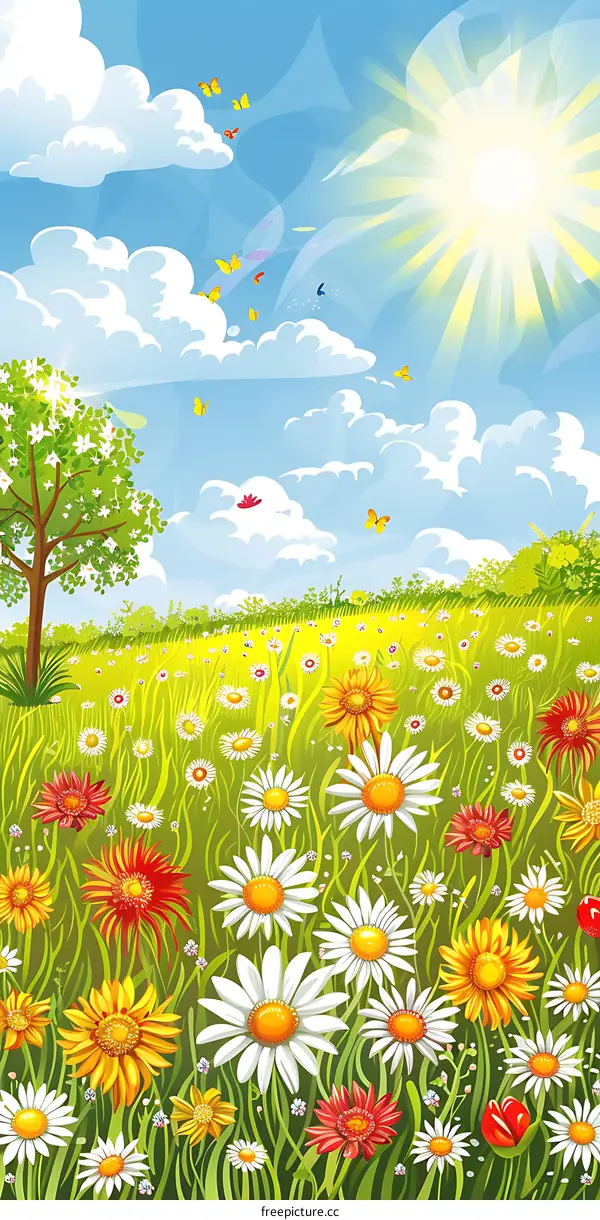 Sunny Day with Flowers and Butterflies in a Green Meadow