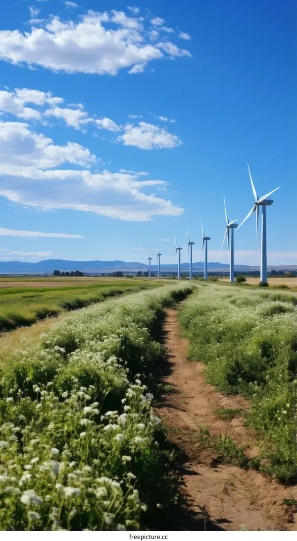 Wind turbines in a field of flowers