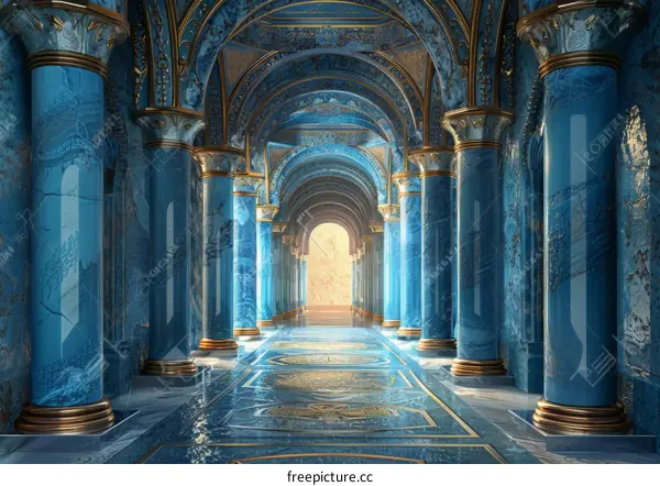 Grand Blue and Gold Palace Hallway
