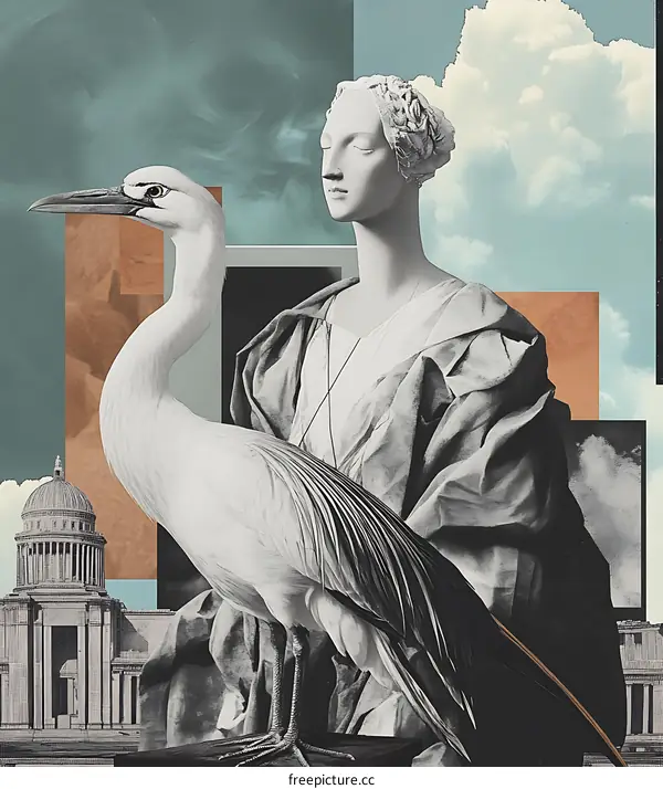 Collage Art with a Statue, Bird and Clouds