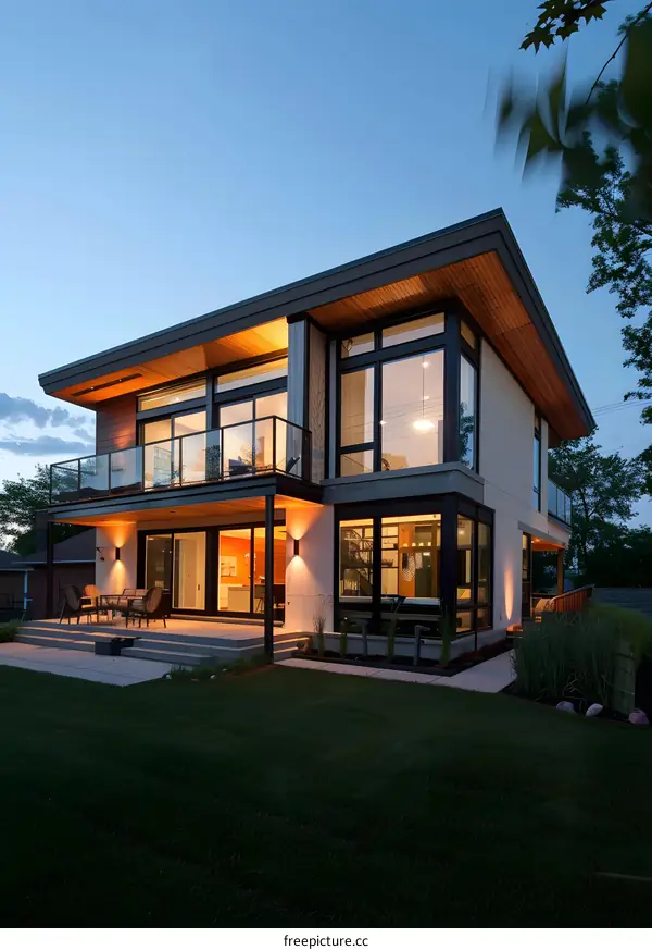 Modern Two Story Home With Large Windows and Deck