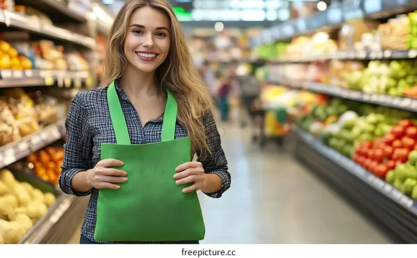 Smiling Caucasian Woman Holding Green Shopping Bag in a Grocery Store