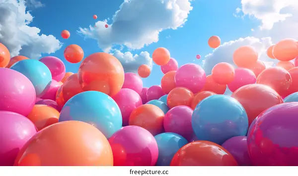 Pink, blue and orange glossy balls floating in the sky