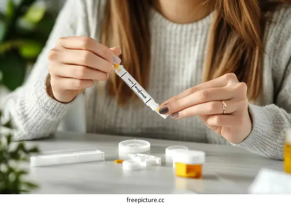 Woman preparing medication test strips