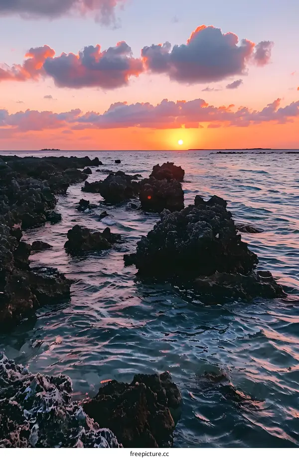 Ocean Sunset with Rocks and Clouds