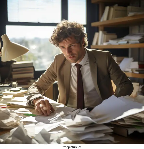 pensive man surrounded by paperwork in office