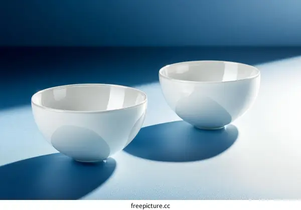 Two Empty White Bowls on a Blue Surface