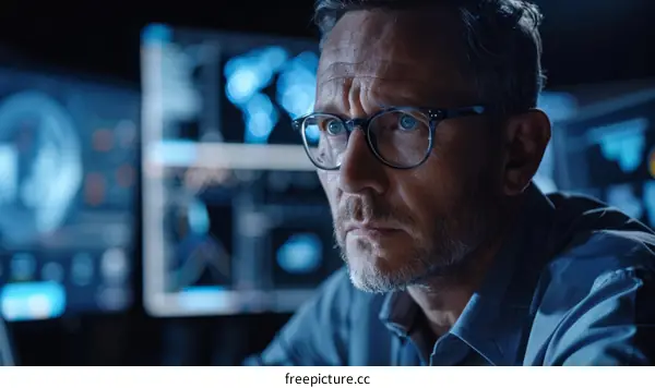 A man wearing glasses is looking at a computer screen.