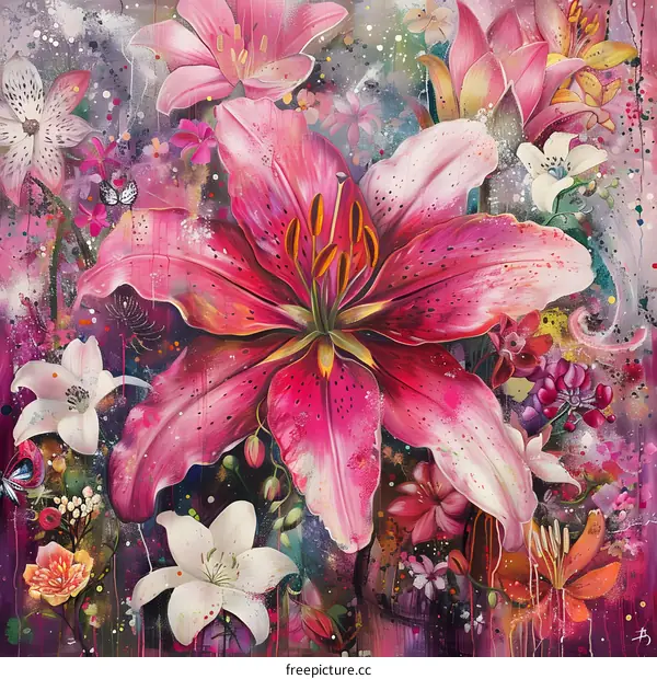 Abstract Painting of a Pink Lily Flower with other Flowers in the Background