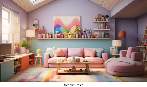 Colorful and Cozy Living Room with Pink Sofa and Rainbow Rug