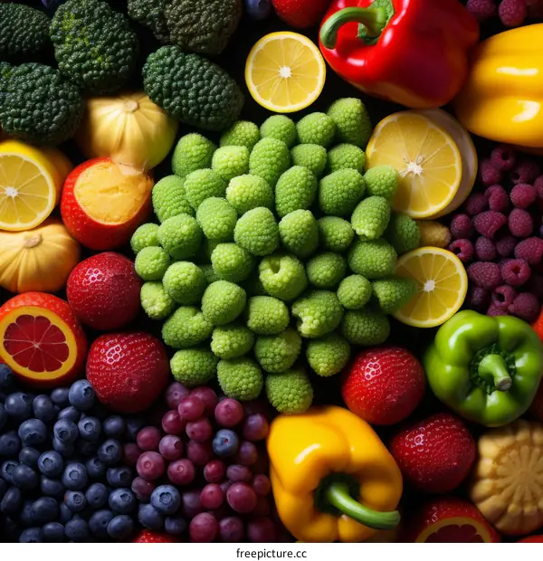 An arrangement of colorful fruits and vegetables