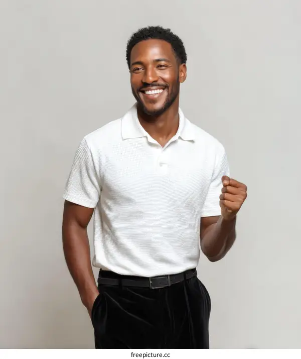 Smiling Black Man in White Polo Shirt and Black Pants
