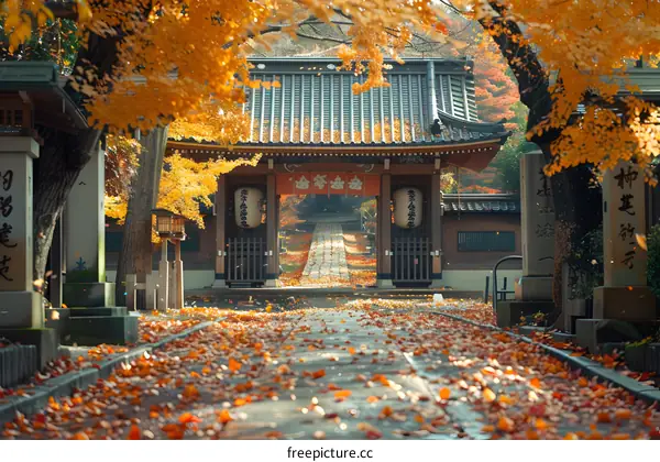 Autumn Leaves Path Through Japanese Temple Gate