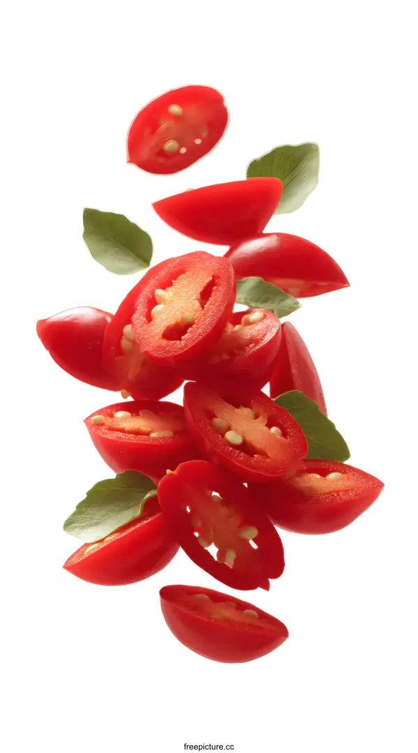 [Transparent Background PNG]Sliced Tomatoes and Basil Leaves in Motion