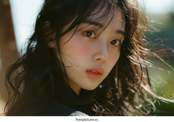 Portrait of a Young Woman with Dark Hair and Makeup