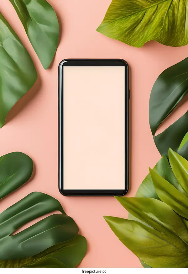 Flat Lay Mockup with Phone and Green Leaves on Pink Background