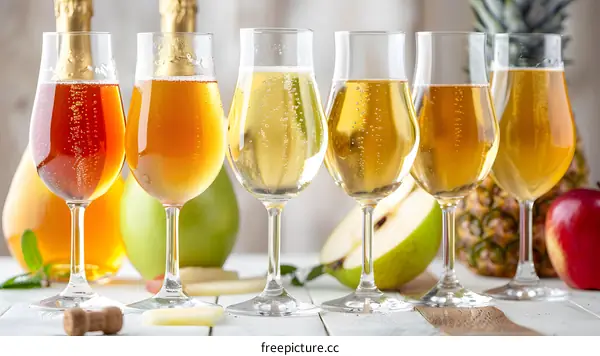 Different Flavors of Sparkling Cider in Glasses