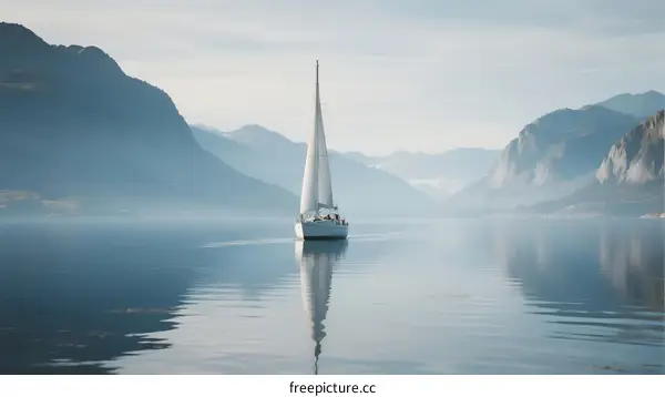 A sailboat glides smoothly on calm mountain lake water