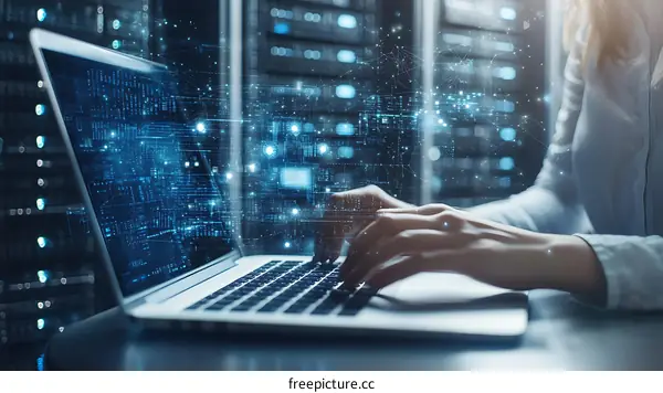 Woman working on a laptop in a data center with digital overlay