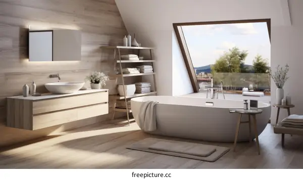 Luxury bathroom with large bathtub and wooden shelves