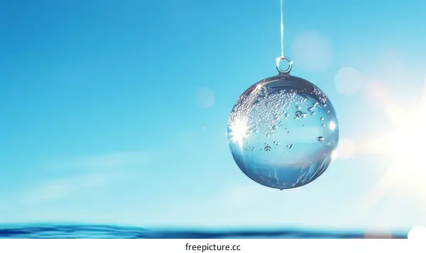 Clear Glass Ball Suspended Above Water with Blurred Sky and Sun