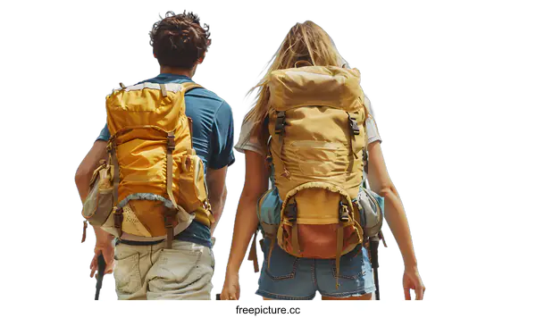[Transparent Background PNG]Two backpackers with large backpacks are hiking up a hill on a sunny day