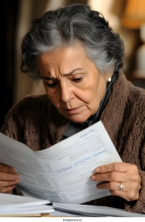Senior Woman Reading Paper Documents At Home