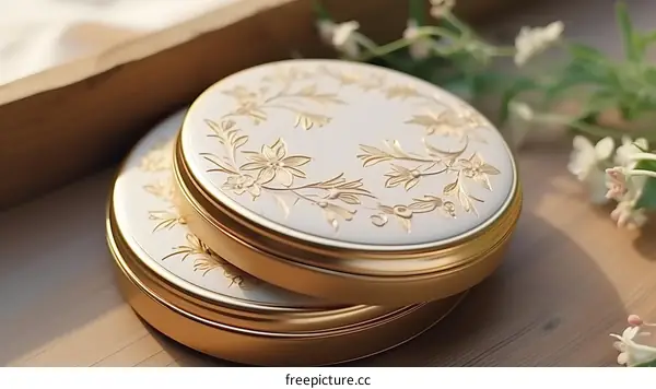 Two round golden boxes with white floral design